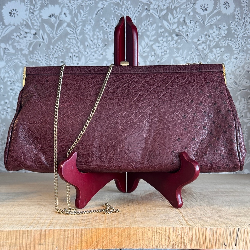Genuine Ostrich Leather Burgundy Clutch with Gold Chain - Picture 3 of 6